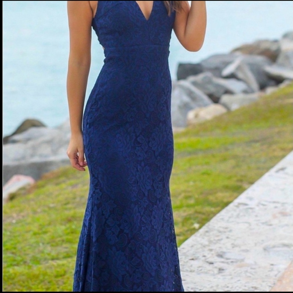Navy Blue Sleeveless Halter Maxi Gown